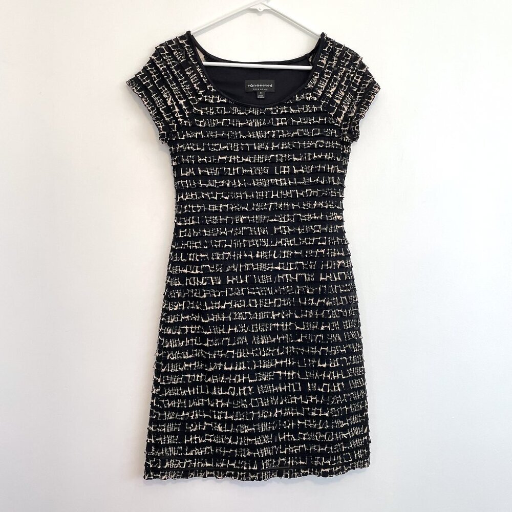 CONNECTED APPAREL Black Beige Giraffe Leopard Animal Tiered Ruffle Sheath Dress